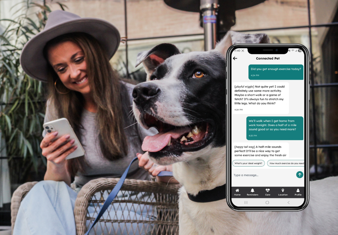 Woman using a smartphone app with a dog sitting next to her