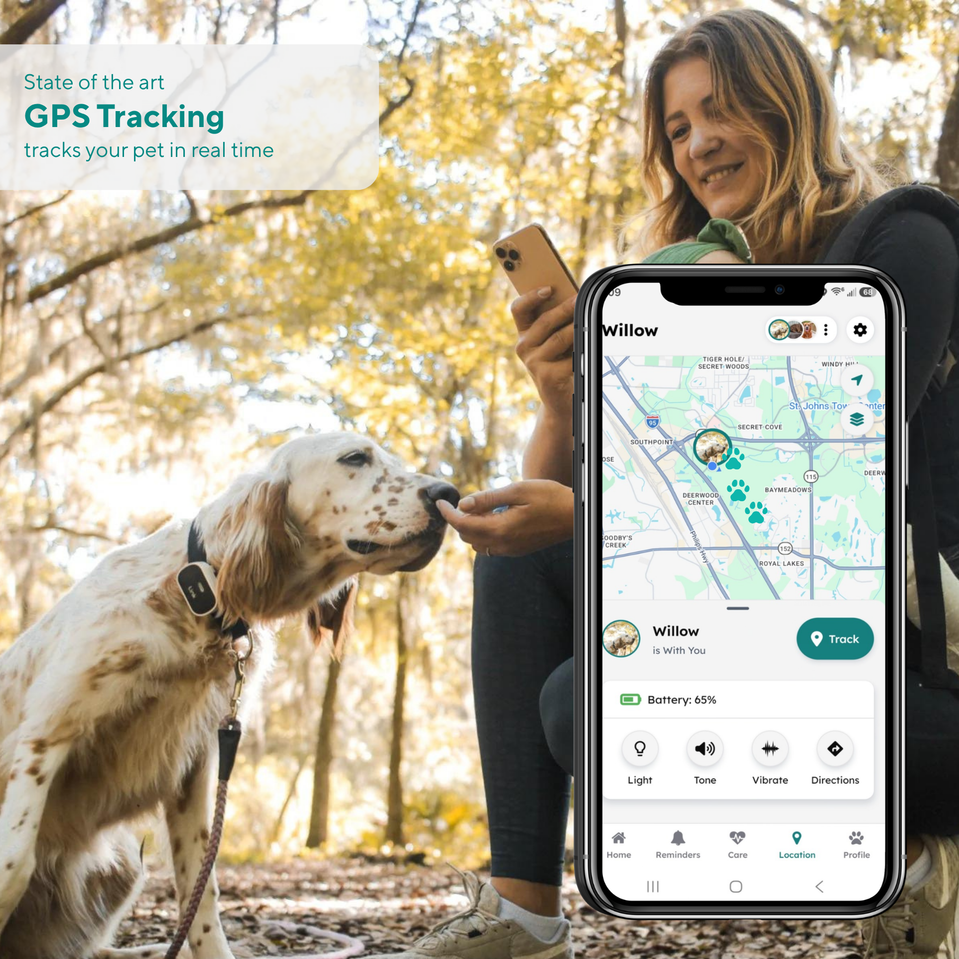A woman in a wooded outdoor setting holds a smartphone showing a GPS tracking app interface for a dog named Willow, with a GPS collar on the dog and text reading 'State of the art GPS Tracking tracks your pet in real time.'.